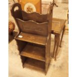 Oak magazine rack bookcase and two tables