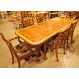 Reproduction mahogany dining table with three leaves and six chairs purchased from Harrods 1979