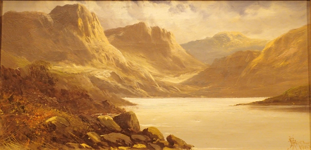 Gilt framed oil on canvas of mountains and a lake signed Joel ? 38 x 20 cm CONDITION