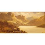 Gilt framed oil on canvas of mountains and a lake signed Joel ? 38 x 20 cm CONDITION