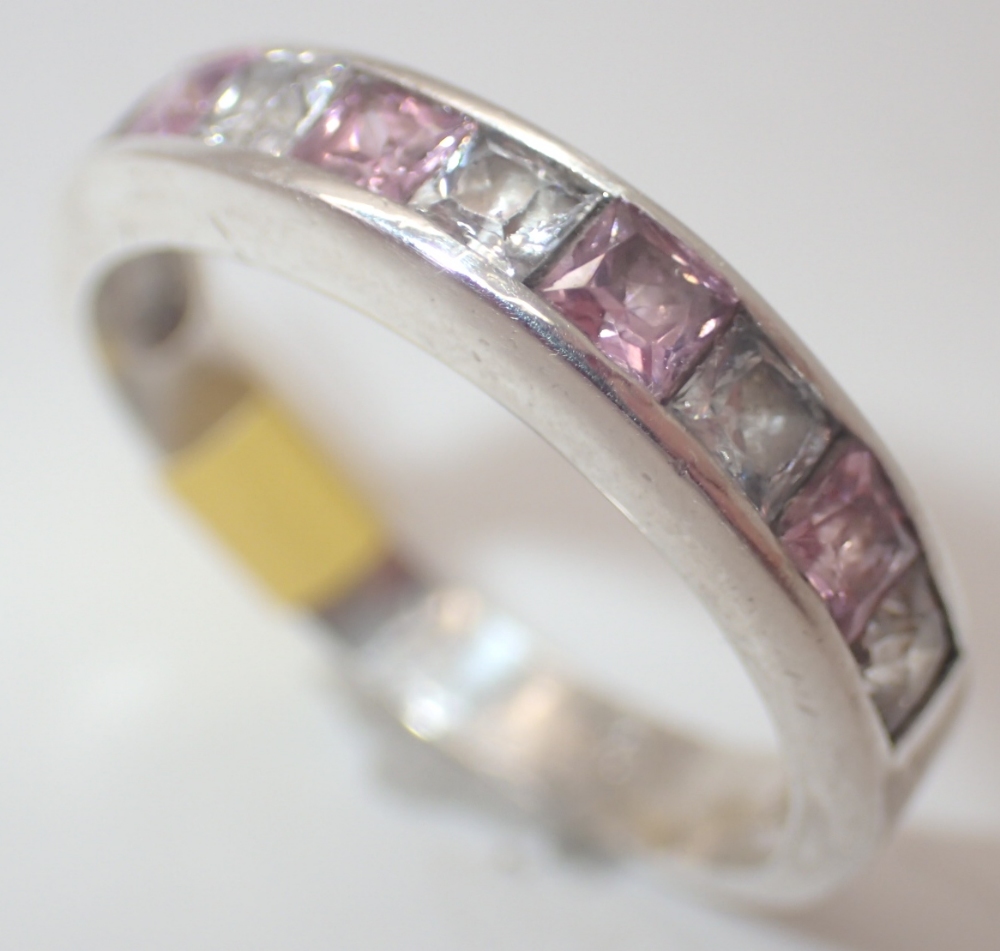 925 silver pink and white stone half eternity ring size R