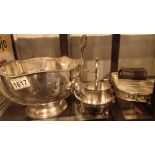 Collection of mixed silver plated items including a large punch bowl