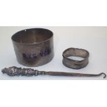 RYS Verena silver pot napkin ring A/F and a silver handled button hook