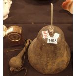 Large antique bell and a small oak cased clock