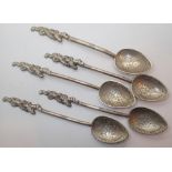 Five Chinese white metal teaspoons