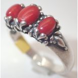 925 silver red three stone ring size R