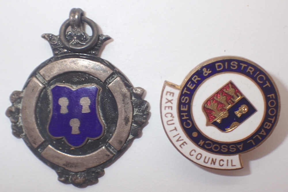 Hallmarked silver fob with Chester enamel crest presented Chester & RCN FA Juniors 1940/1941 and a