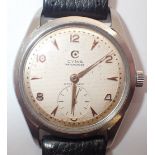 Gents Cyma wristwatch on a leather strap CONDITION REPORT: Working at lotting up