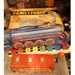 1950s YKK toy phoneset tin plate train and bus plus a Fisherprice pull along xylophone