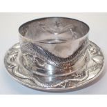 Unusual antique Chinese silver footed coaster stand makers mark TC finely embossed with a dragon