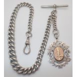 Hallmarked silver watch chain with fob and T-bar 69g