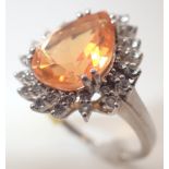 925 silver large pear cut orange stone ring with surround of white stones size U