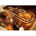 Brass trumpet in fitted hand case with extra Vincert Bach mouthpiece and a selection of trumpet