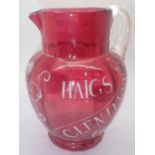 c 1900 Antique cranberry glass whisky water jug advertising Haigs Glen Leven Old Scotch H: 20 cm