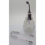 Hallmarked silver Victorian glass atomiser and a pair of Hallmarked silver early Victorian sugar