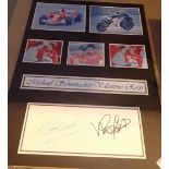 Photographs of Michael Schumacher and Valentino Rossi with printed signatures