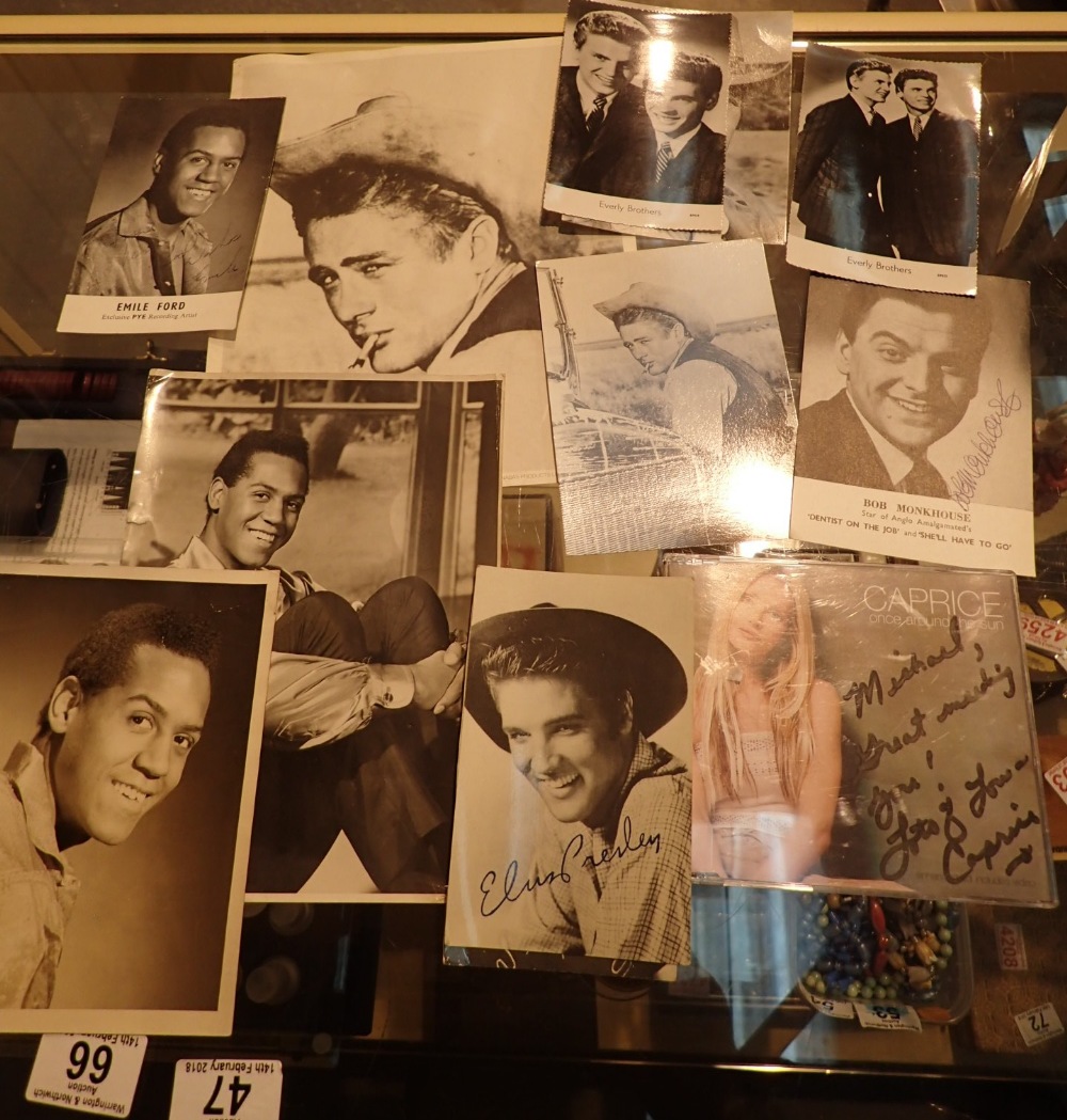 Two James Dean photographs largest 23 x 18 cm three Emile Ford photographs including a signed