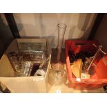 Two boxes of mixed glassware and kitchenware including vases and knives