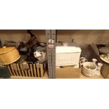 Two shelves of domestic kitchen ceramics and decorative pottery