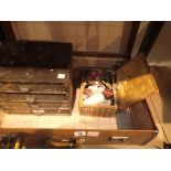 Vintage suitcase small chest of four drawers and small wicker sewing box and contents