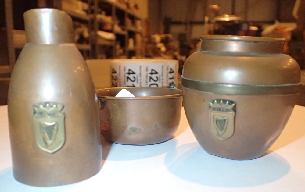 Three pieces of French copperware with Irish decoration