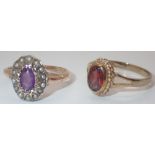 Two 9ct gold rings one with garnet and the other amethyst and seed pearls 3.