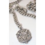 Hallmarked silver graduated watch chain with t-bar and fob 44g