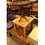 Large low wooden coffee table 100 x 100 x 40 cm H a further wooden table 60 x 60 x 45 cm H and a