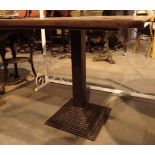 Single pedestal square based cast iron pub table with square wooden top 92 cm squared H: 76 cm