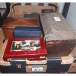 Box of boxes including mahogany tea caddy with liners