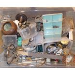 Box of pocket watch parts and clock mechanisms