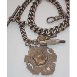 Hallmarked silver watch chain with T bar clip fob and two keys 81g CONDITION REPORT: