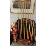 Snooker cue holder titled Phelans Pool Room with snooker & pool cues including Riley