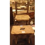 Antique oak childs chair with strung seat and an antique wooden stool