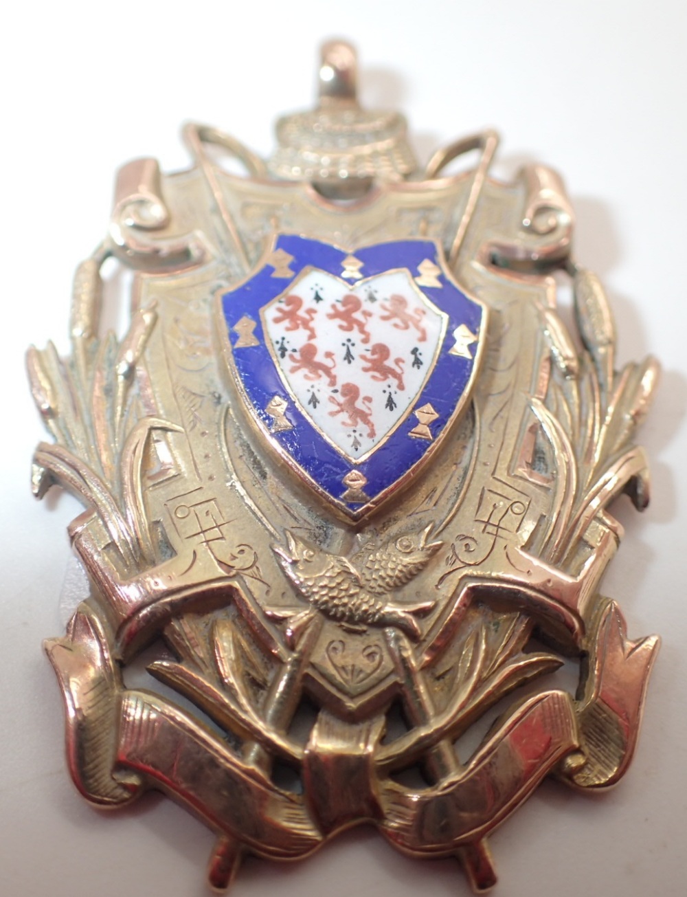 9ct gold and enamel fob from Warrington Anglers Association medal Championship 1910 winner Alfred