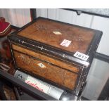 Victorian walnut work box with tatty fitted interior