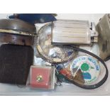 Box of mixed collectables including brass switch and badges