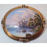 Victorian yellow metal brooch with central hand painted Swiss lake and castle scene ceramic panel
