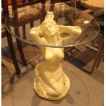 Cast resin mermaid base glass topped circular coffee table D: 60 cm H: 60 cm