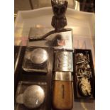 Tray of steel owl desk set cufflinks and hip flasks