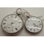 Two silver open face fob watches one with silver hallmarks and the other in fine silver