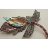 Marcasite dragonfly brooch and an abalone shell butterfly brooch