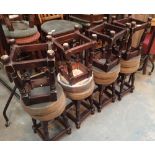Eight small wooden framed pub stools with upholstered seats ( seven matching ) D: 34 cm H: 48 cm