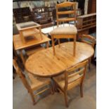 Oval pine table and four upholstered chairs 151 x 92 cm