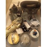 Tray of small collectables including bell paperweights cufflinks Wedgwood etc