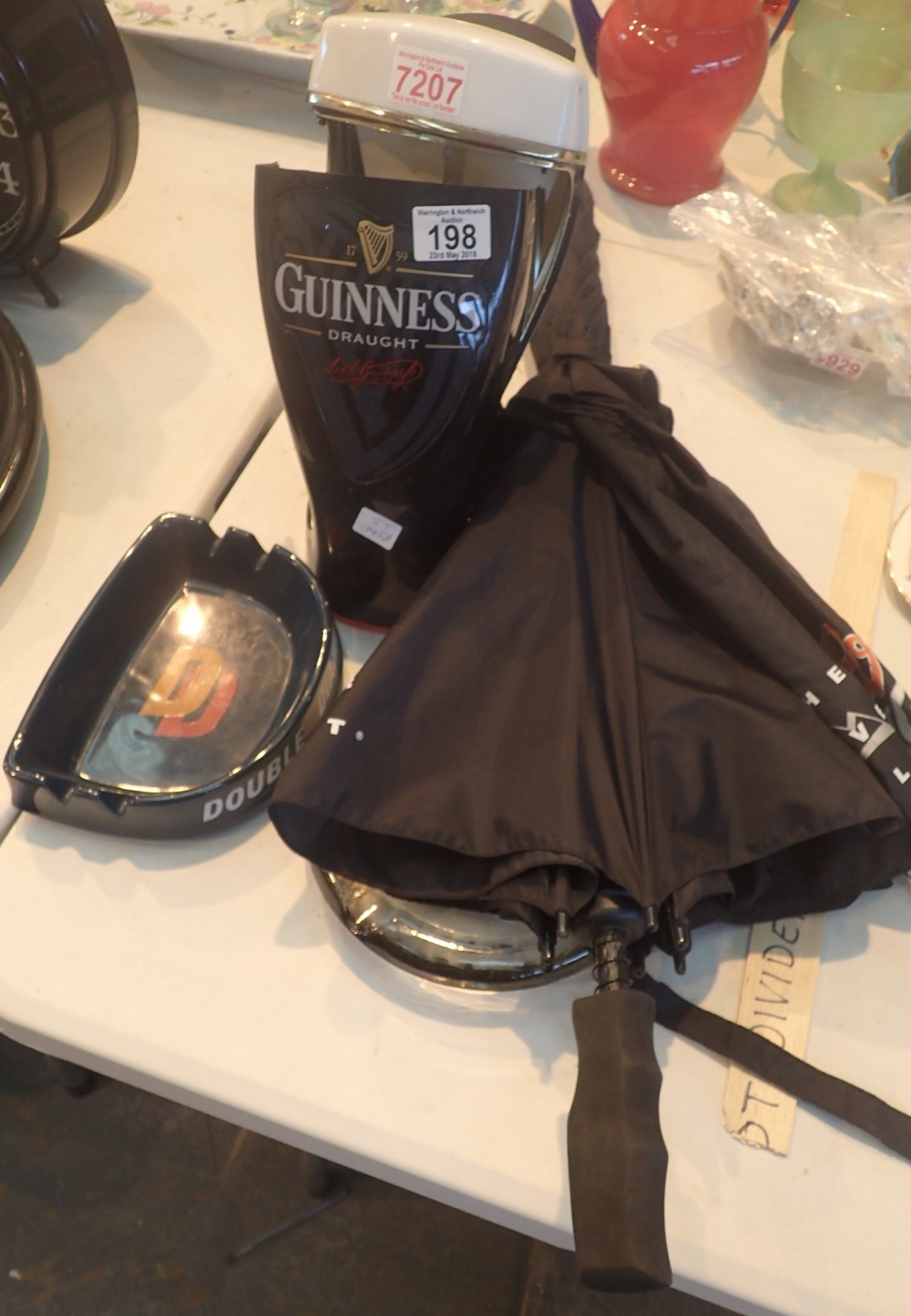 Guinness pub counter with light up mount Double Diamond ashtray and another ashtray marked ER