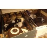 Two boxes of mixed items including stoneware clock pulley block plates ceramics etc
