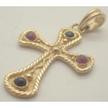 18ct yellow gold cross pendant set with cabochon cut rubies and sapphires 5.