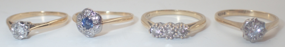 Four 18ct yellow gold and diamond set rings three size K one size L 8.