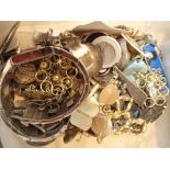 Box of mixed badges jewellery and wristwatches